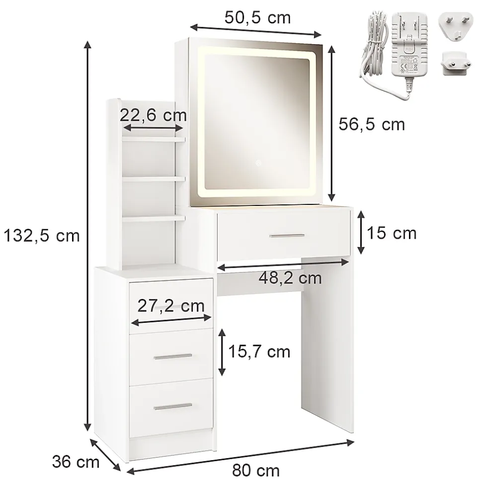 Vicco Coiffeuse Blanc 80cm avec miroir LED