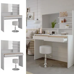 Vicco Coiffeuse Blanc 120cm avec étagère miroir & tabouret