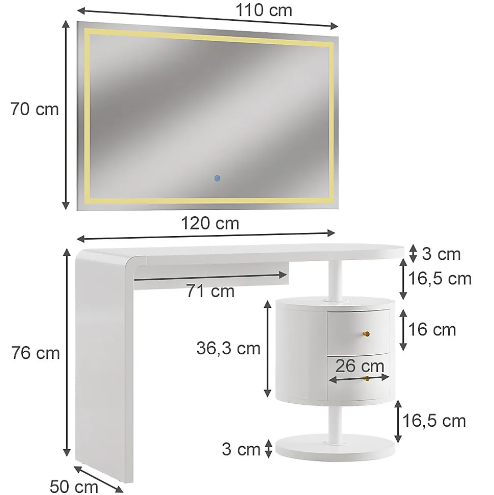 Vicco Coiffeuse Blanc 120cm avec miroir LED