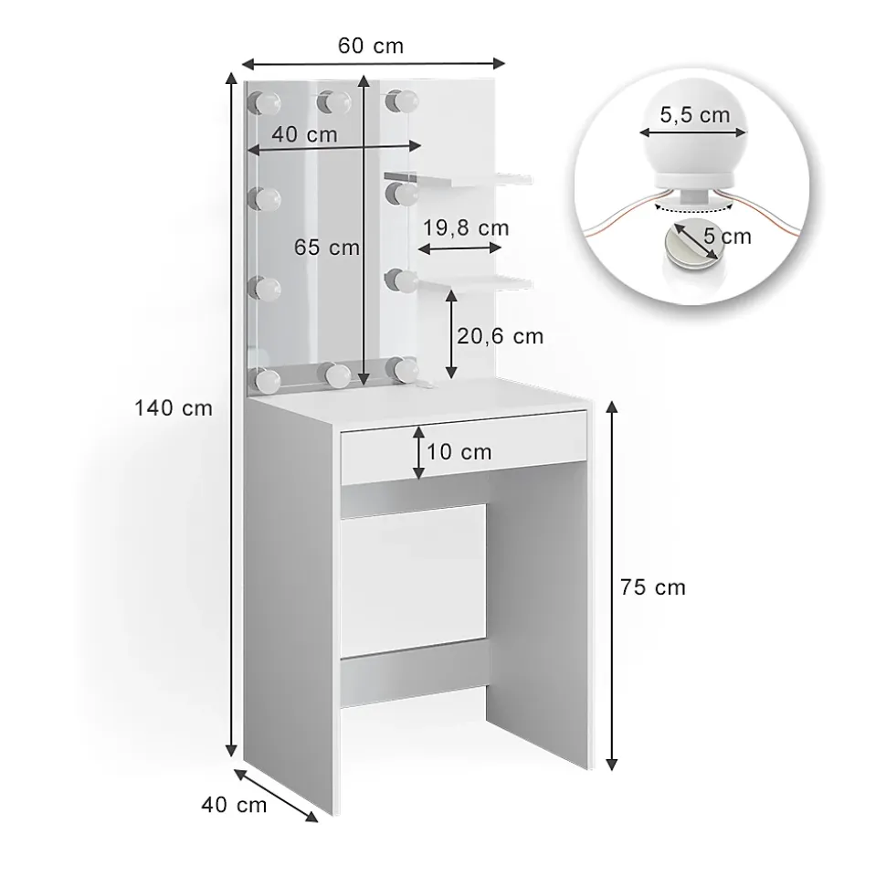 Vicco Coiffeuse Blanc 60cm avec éclairage LED