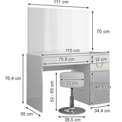 Vicco Coiffeuse Blanc 115cm avec tabouret
