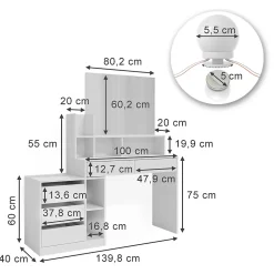 Vicco Coiffeuse Blanc 139.8cm avec éclairage LED
