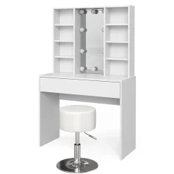 Vicco Coiffeuse Blanc 93cm avec éclairage LED et tabouret