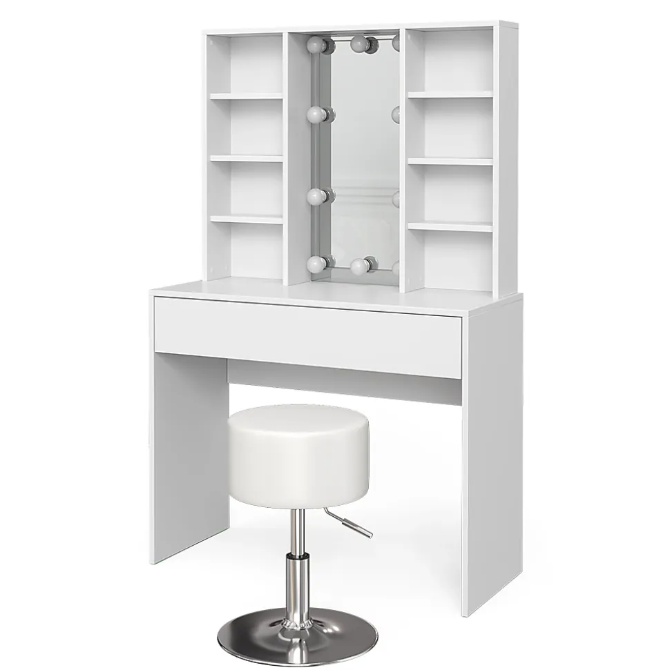 Vicco Coiffeuse Blanc 93cm avec éclairage LED et tabouret