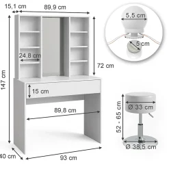 Vicco Coiffeuse Blanc 93cm avec éclairage LED et tabouret