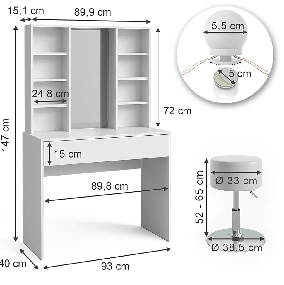 Vicco Coiffeuse Blanc 93cm avec éclairage LED et tabouret