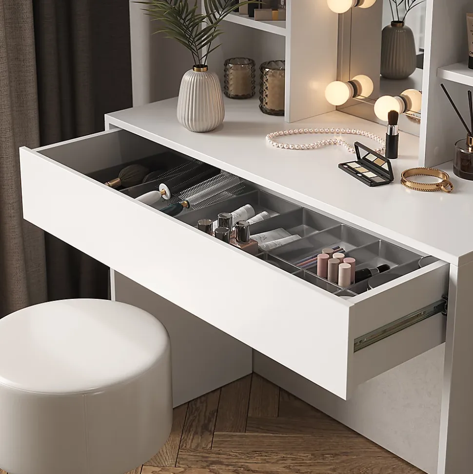 Vicco Coiffeuse Blanc 93cm avec éclairage LED et tabouret