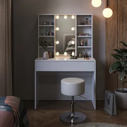 Vicco Coiffeuse Blanc 93cm avec éclairage LED et tabouret