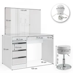 Vicco Coiffeuse Blanc 55cm avec éclairage LED et tabouret