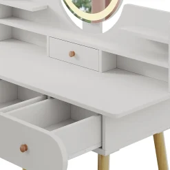 Vicco Coiffeuse Blanc 100cm avec miroir LED et tabouret
