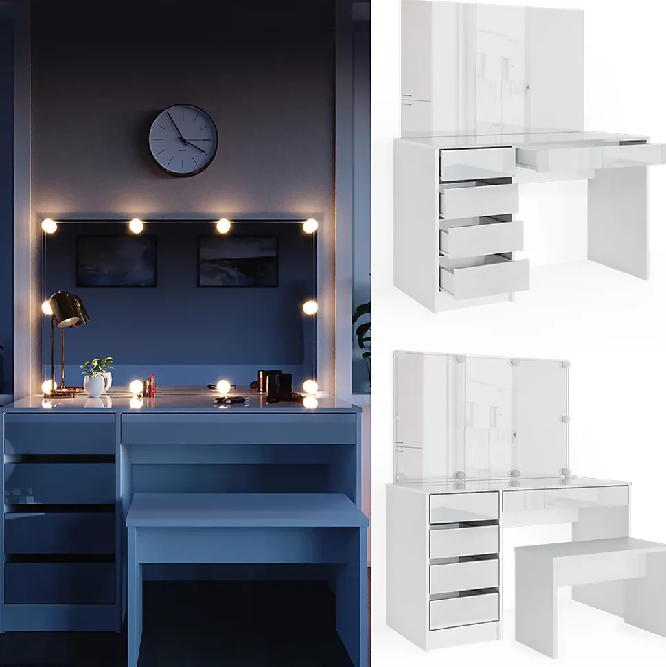 Vicco Coiffeuse Blanc 120cm avec éclairage LED et banc