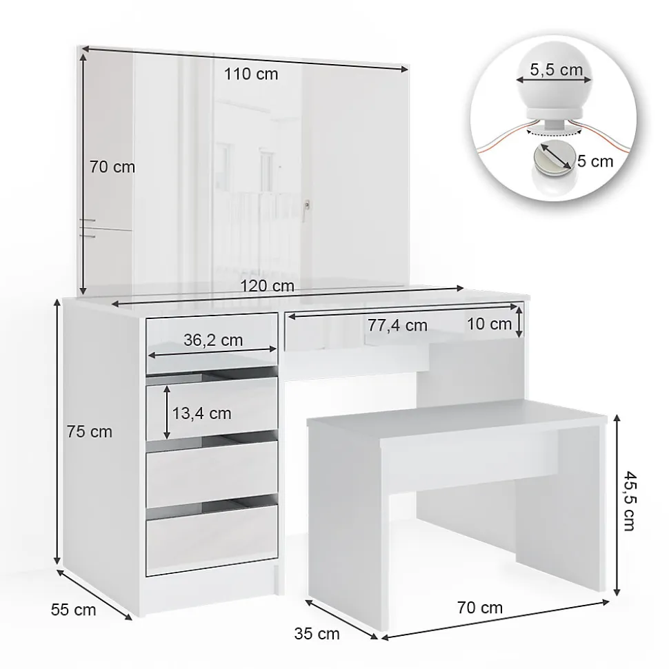 Vicco Coiffeuse Blanc 120cm avec éclairage LED et banc