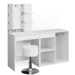Vicco Coiffeuse Blanc 140cm avec LED, tabouret et armoire