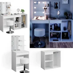 Vicco Coiffeuse Blanc 140cm avec LED, tabouret et armoire