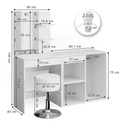 Vicco Coiffeuse Blanc 140cm avec LED, tabouret et armoire