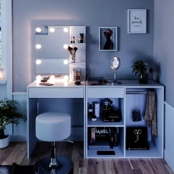 Vicco Coiffeuse Blanc 140cm avec LED, tabouret et armoire