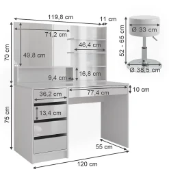 Vicco Coiffeuse Blanc 120cm avec tabouret