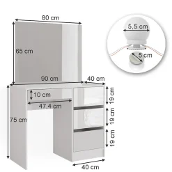 Vicco Coiffeuse Blanc 40cm avec éclairage LED