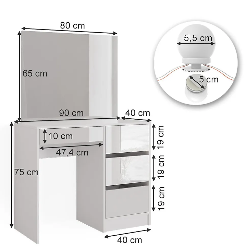 Vicco Coiffeuse Blanc 40cm avec éclairage LED