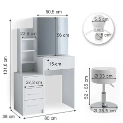 Vicco Coiffeuse Blanc 80cm avec éclairage LED et tabouret