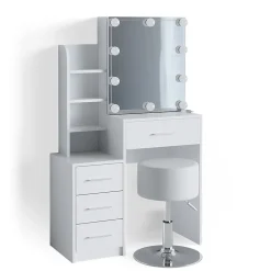 Vicco Coiffeuse Blanc 80cm avec éclairage LED et tabouret