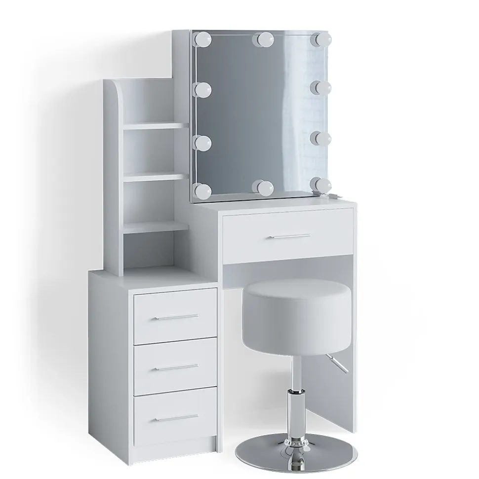 Vicco Coiffeuse Blanc 80cm avec éclairage LED et tabouret