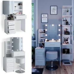 Vicco Coiffeuse Blanc 80cm avec éclairage LED et tabouret