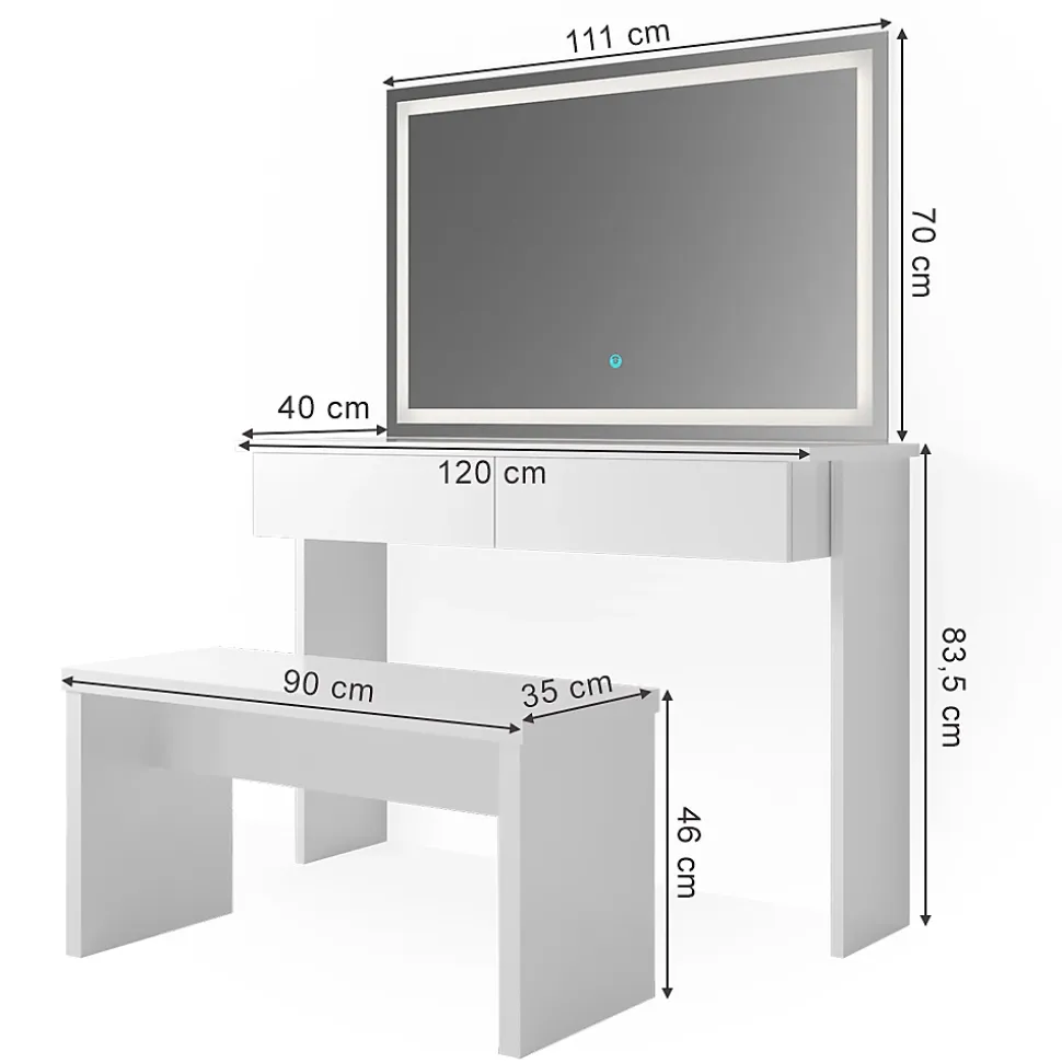 Vicco Coiffeuse Blanc 120cm avec miroir LED et banc