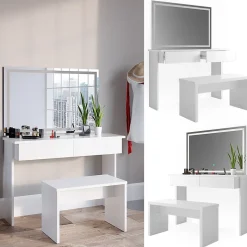 Vicco Coiffeuse Blanc 120cm avec miroir LED et banc