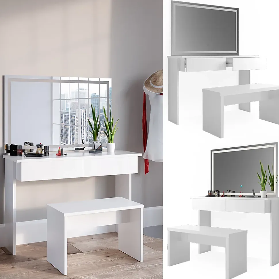 Vicco Coiffeuse Blanc 120cm avec miroir LED et banc