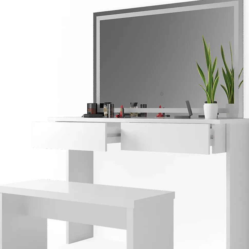Vicco Coiffeuse Blanc 120cm avec miroir LED et banc