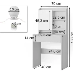 Vicco Coiffeuse Blanc 70cm avec éclairage LED