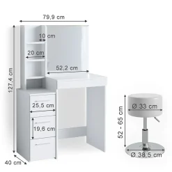 Vicco Coiffeuse Blanc 80cm avec tabouret