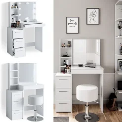 Vicco Coiffeuse Blanc 80cm avec tabouret