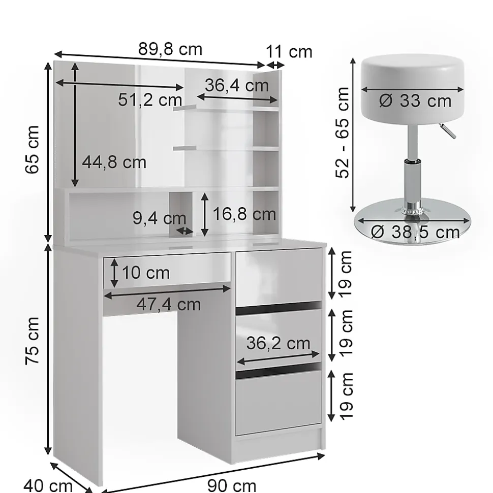 Vicco Coiffeuse Blanc 90cm avec tabouret