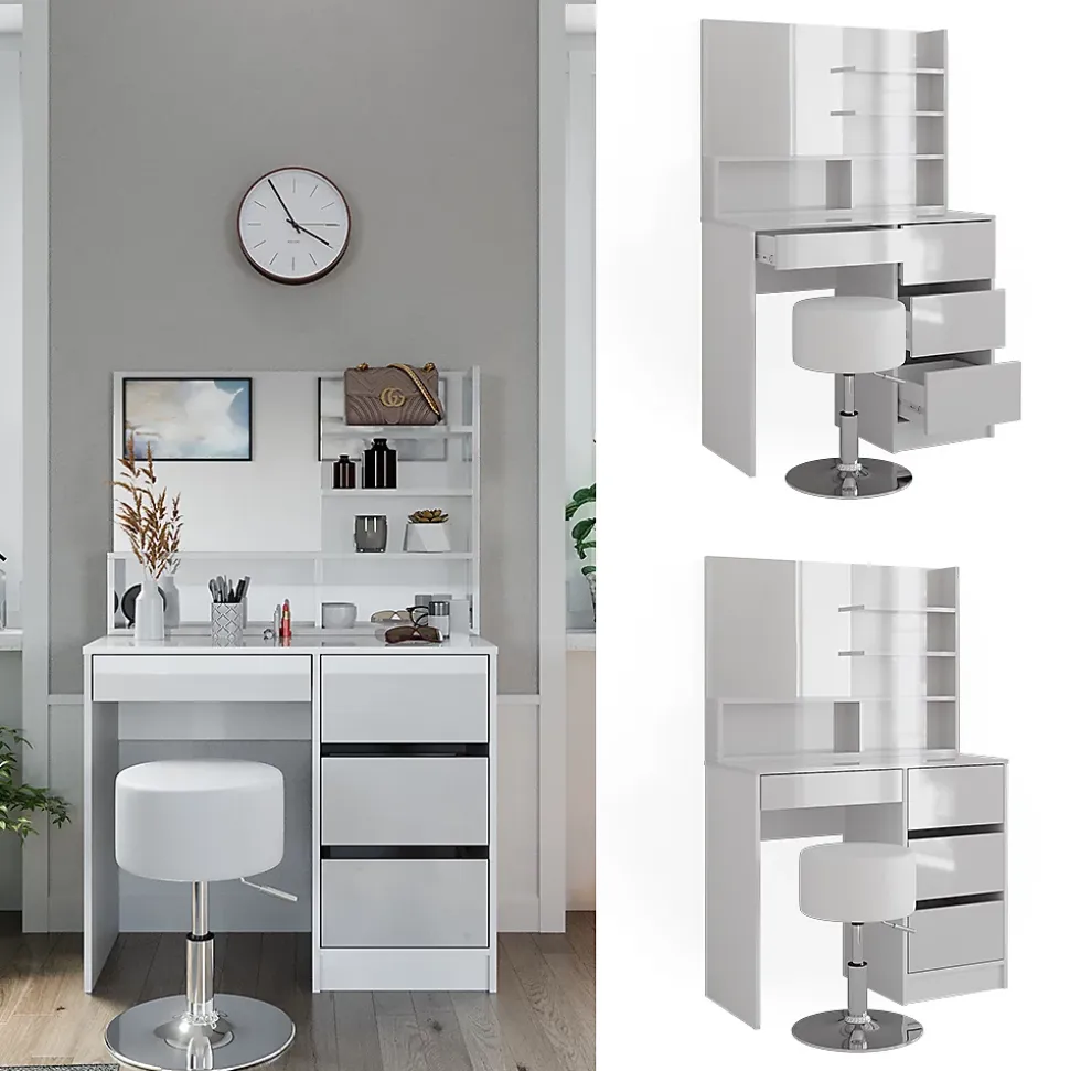 Vicco Coiffeuse Blanc 90cm avec tabouret