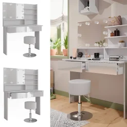 Vicco Coiffeuse Blanc 120cm avec éclairage LED et tabouret