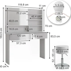Vicco Coiffeuse Blanc 120cm avec éclairage LED et tabouret