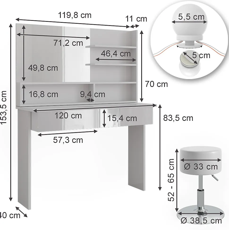 Vicco Coiffeuse Blanc 120cm avec éclairage LED et tabouret