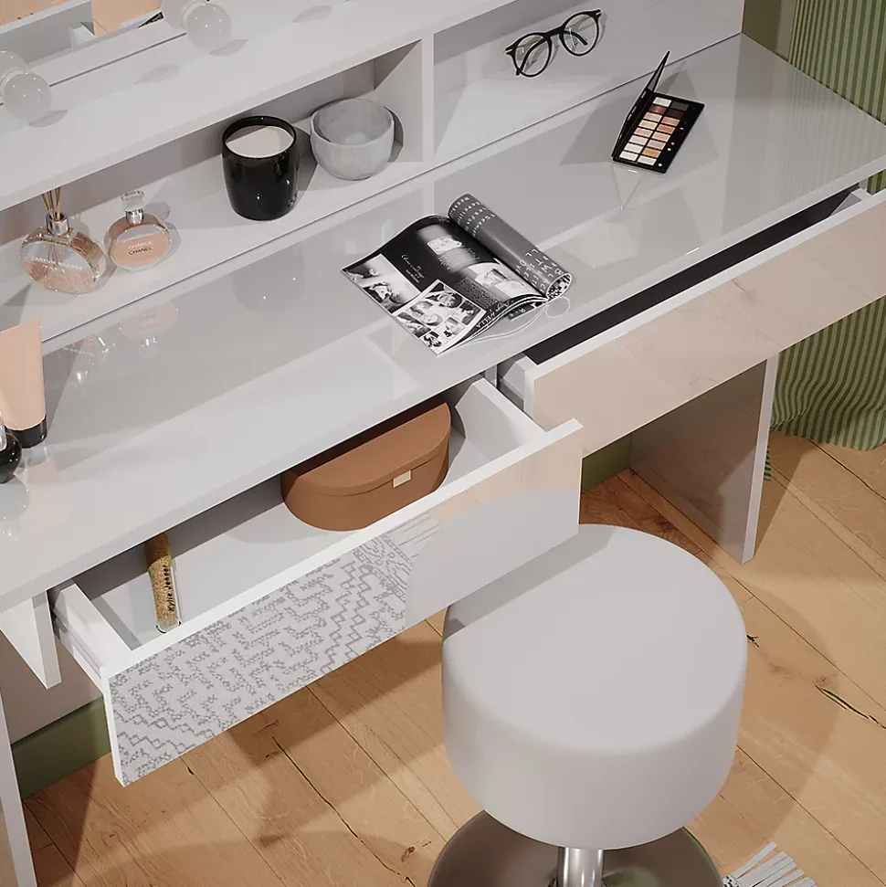 Vicco Coiffeuse Blanc 120cm avec éclairage LED et tabouret