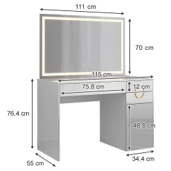 Vicco Coiffeuse Blanc 115cm avec miroir LED