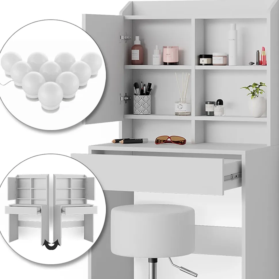 Vicco Coiffeuse Blanc 70cm avec éclairage LED et tabouret