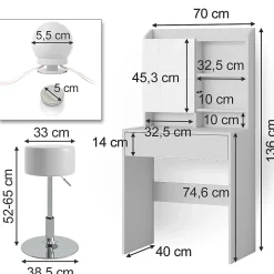 Vicco Coiffeuse Blanc 70cm avec éclairage LED et tabouret