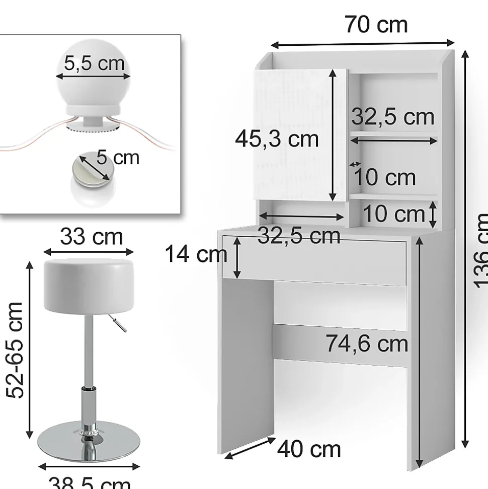 Vicco Coiffeuse Blanc 70cm avec éclairage LED et tabouret