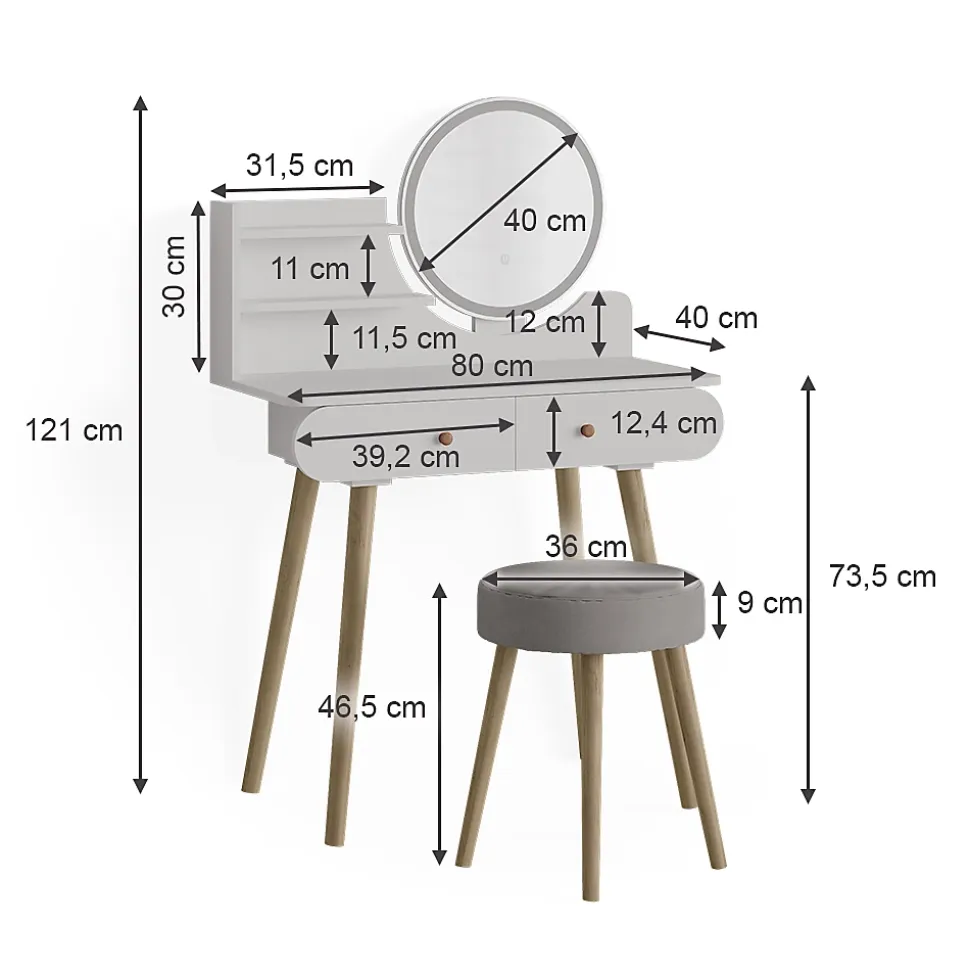 Vicco Coiffeuse Blanc 80cm avec éclairage LED et tabouret