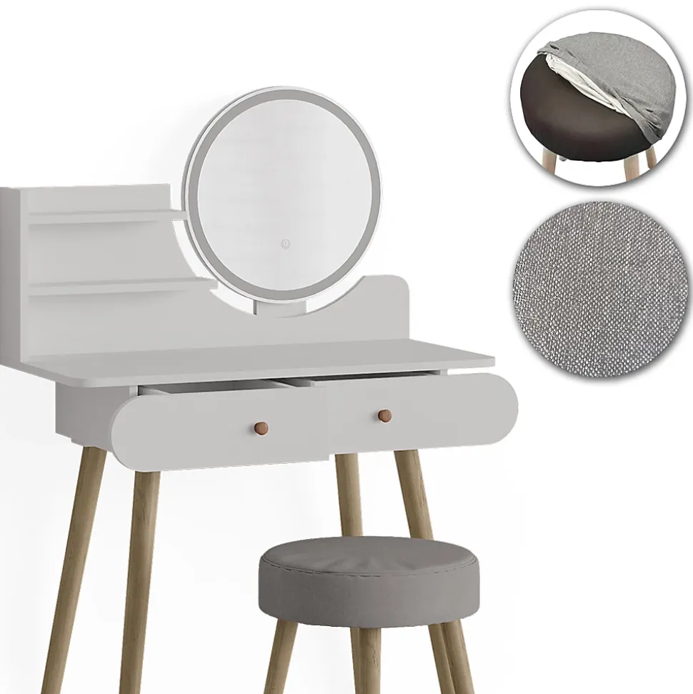 Vicco Coiffeuse Blanc 80cm avec éclairage LED et tabouret
