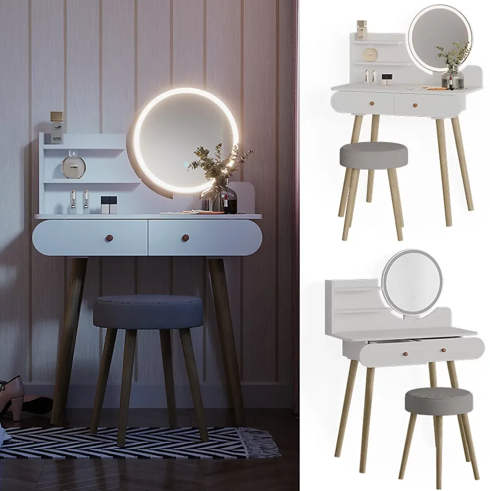 Vicco Coiffeuse Blanc 80cm avec éclairage LED et tabouret