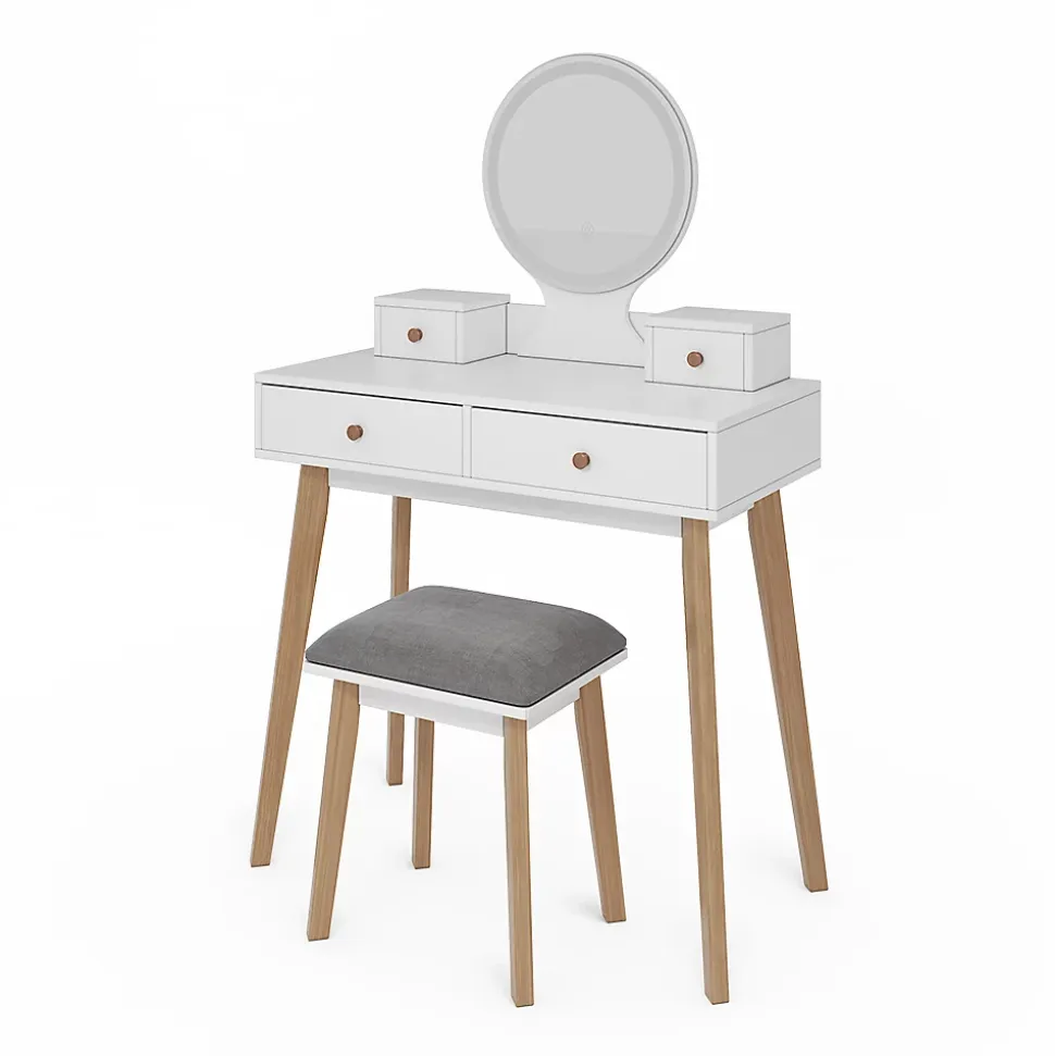 Vicco Coiffeuse Blanc 80cm avec miroir LED et tabouret