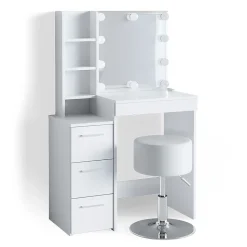 Vicco Coiffeuse Blanc 80cm avec éclairage LED et tabouret