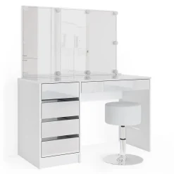 Vicco Coiffeuse Blanc 120cm avec éclairage LED et tabouret